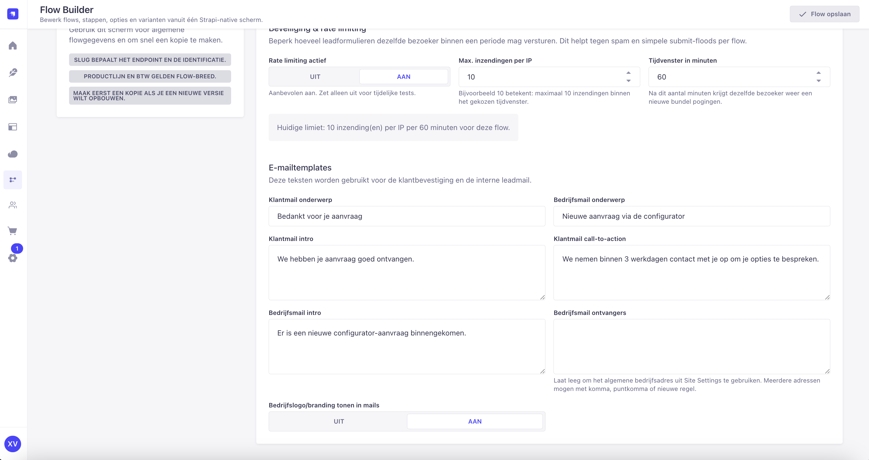 E-mailinstellingen sectie in Flow-tabblad