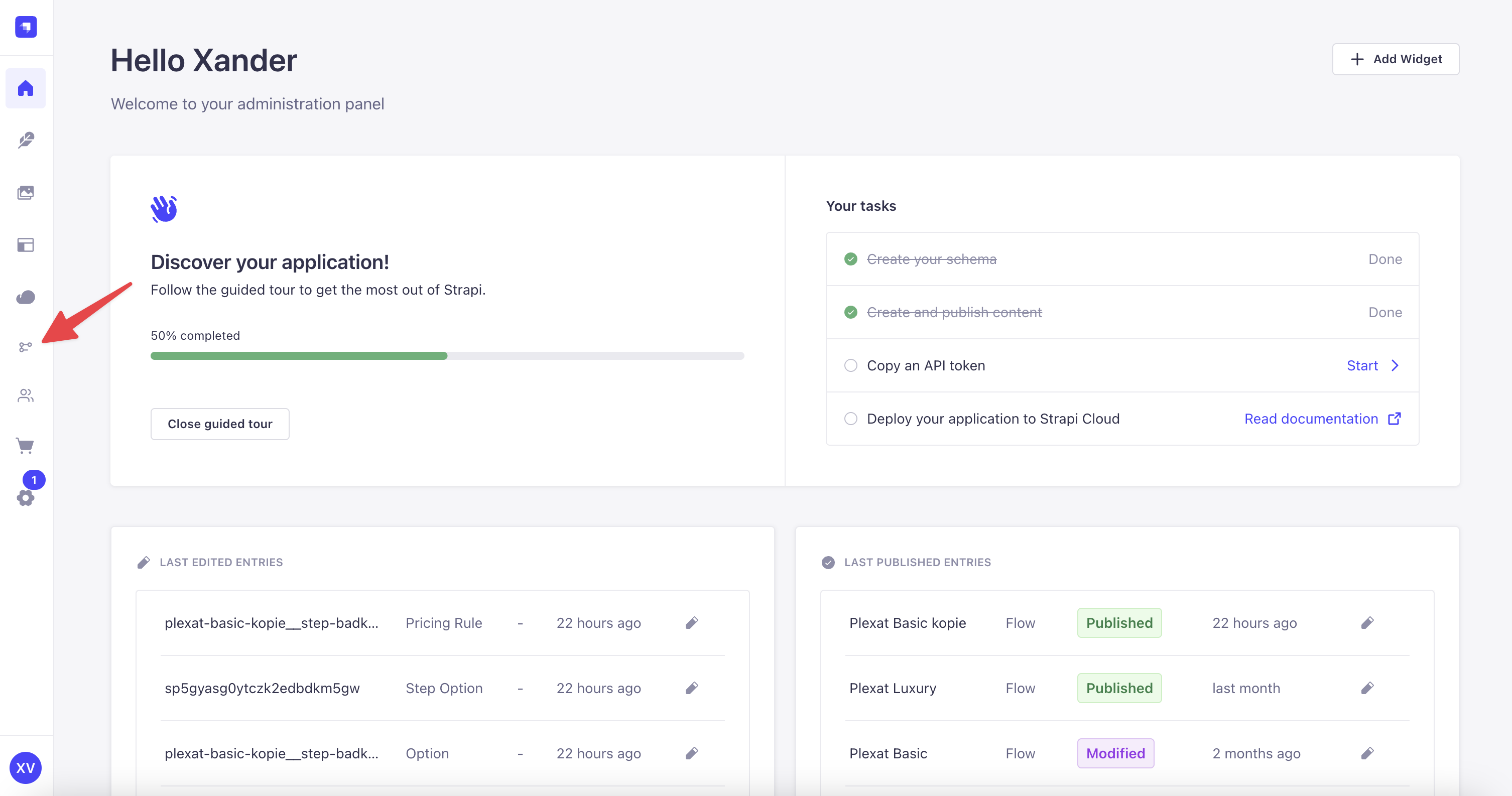 Strapi admin navigatiemenu met Flow Builder