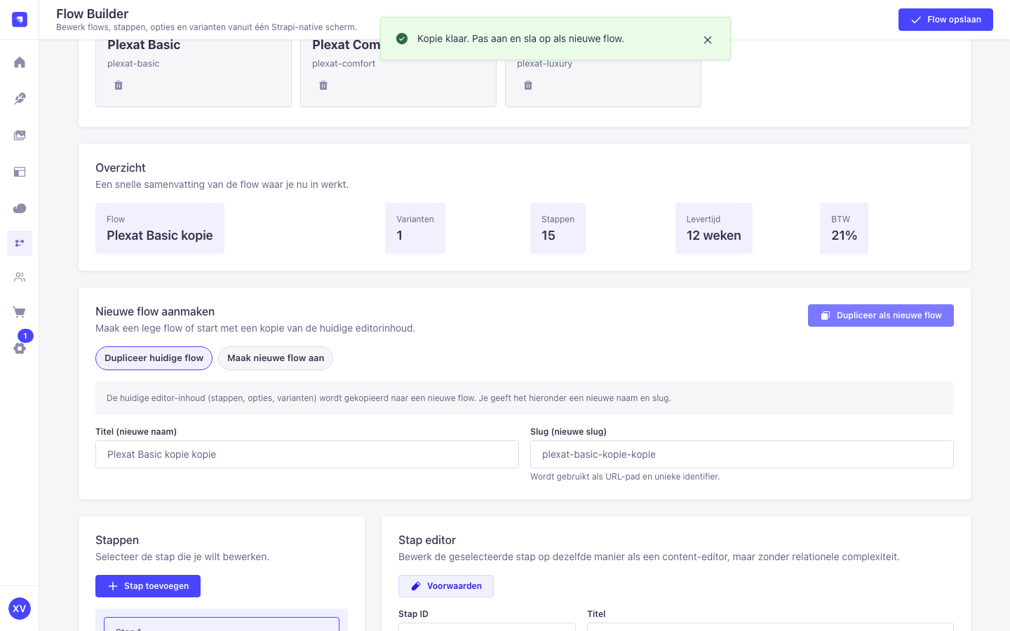 Sectie 'Nieuwe flow aanmaken' in de Stappen &amp; opties tab