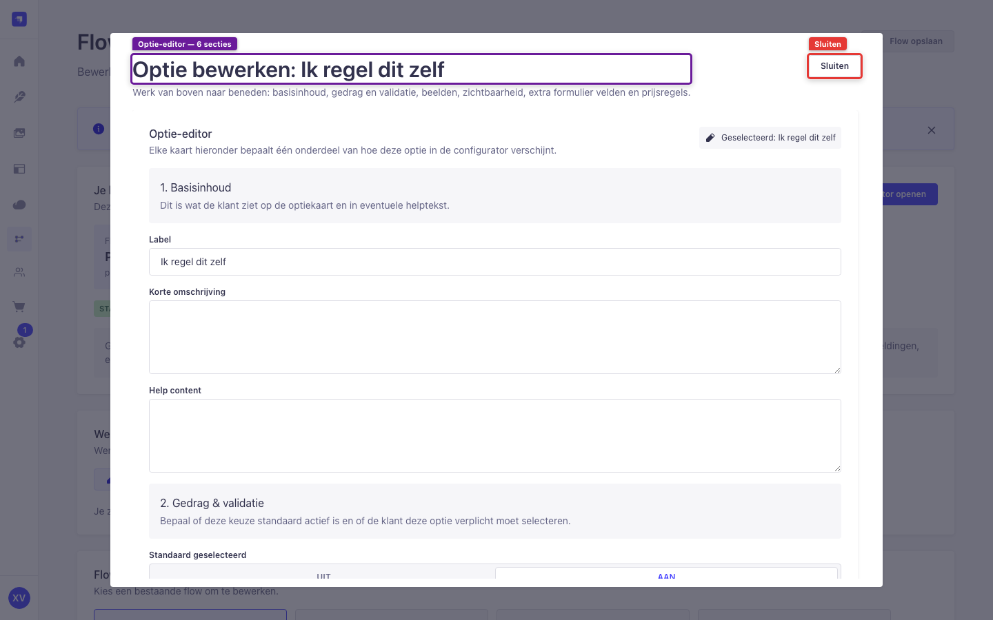 Optie-editor — sectie 1: Basisinhoud (label, omschrijving, help-tekst)