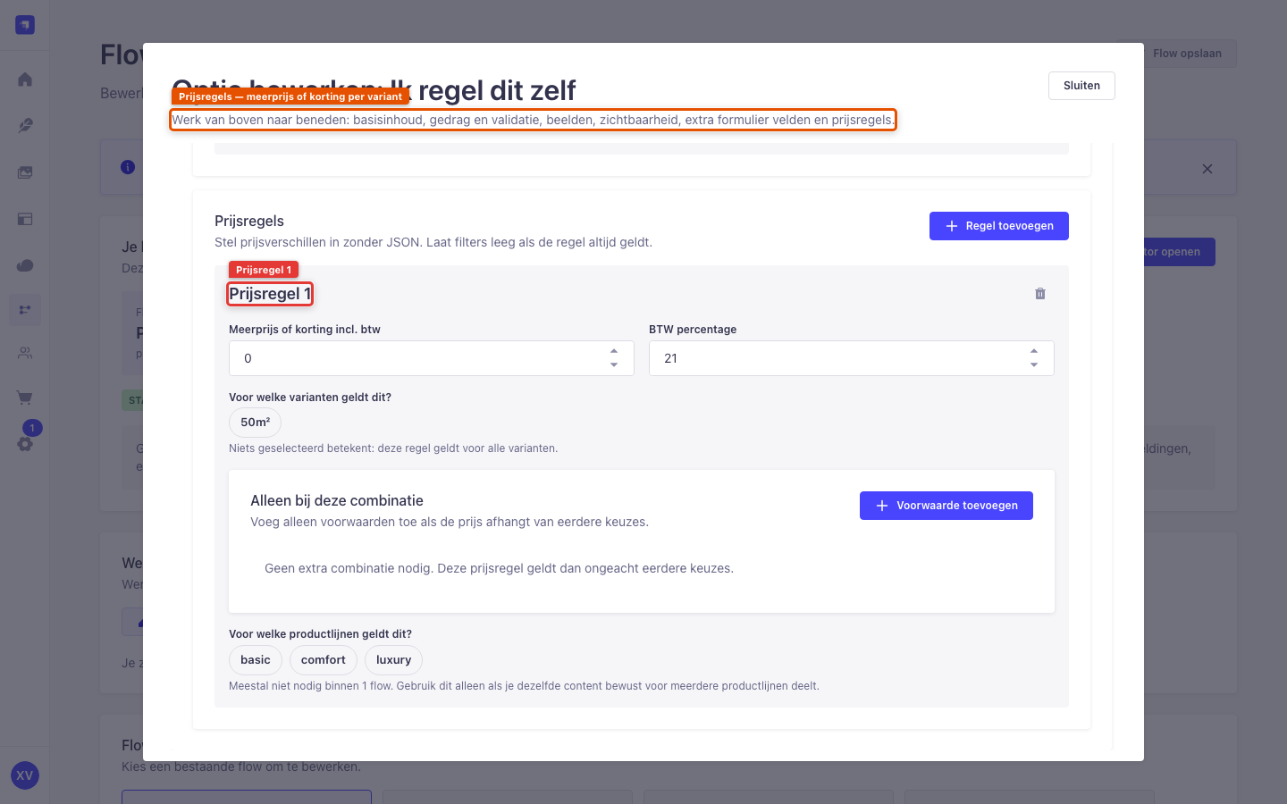 Optie-editor — sectie 6: Prijsregels (meerprijs of korting per variant)