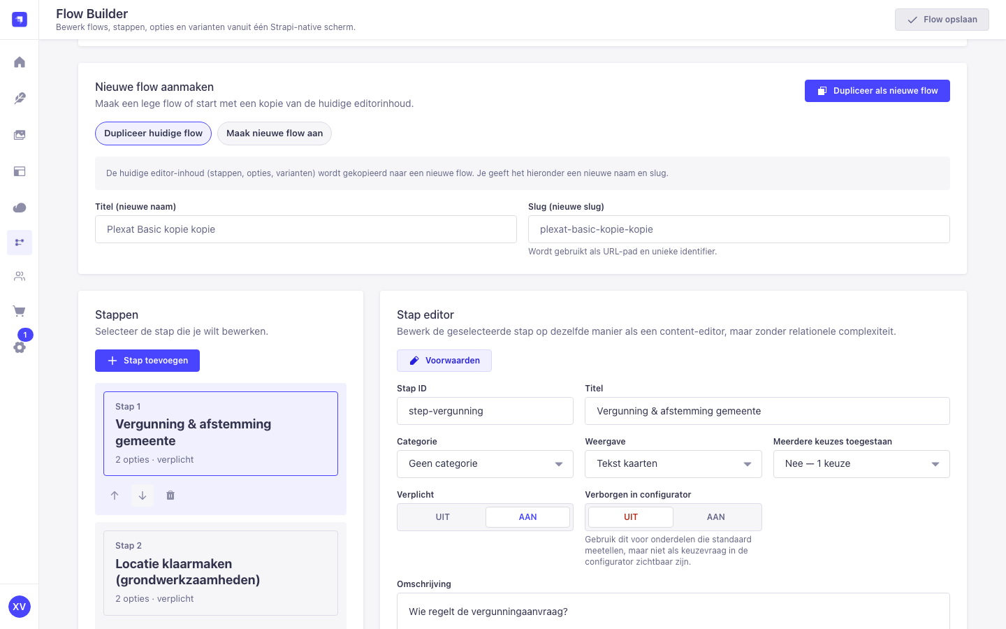 Structure-tab — stappen en opties bewerken