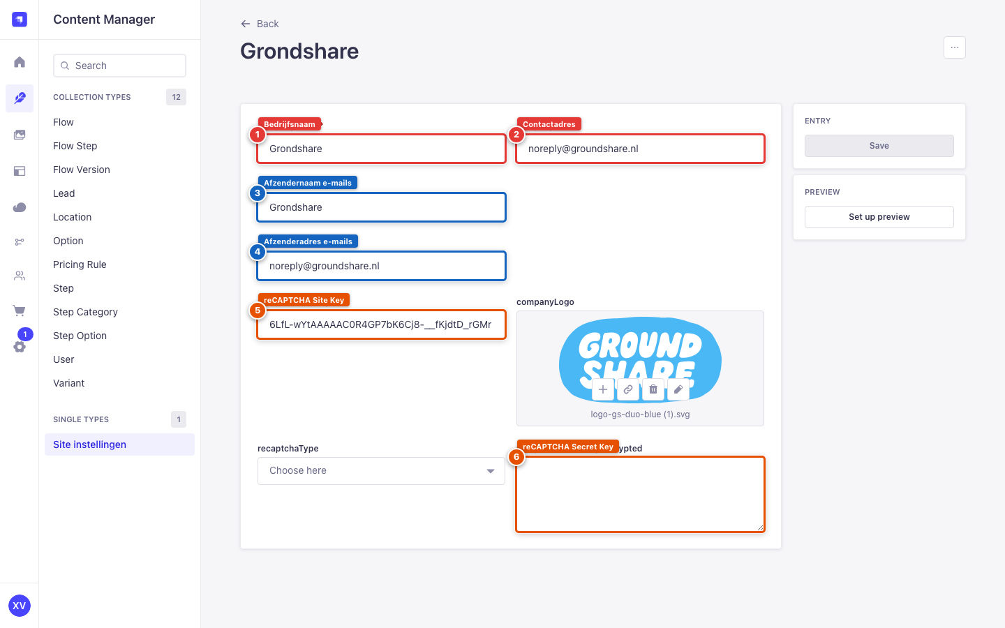Site instellingen in Strapi Content Manager