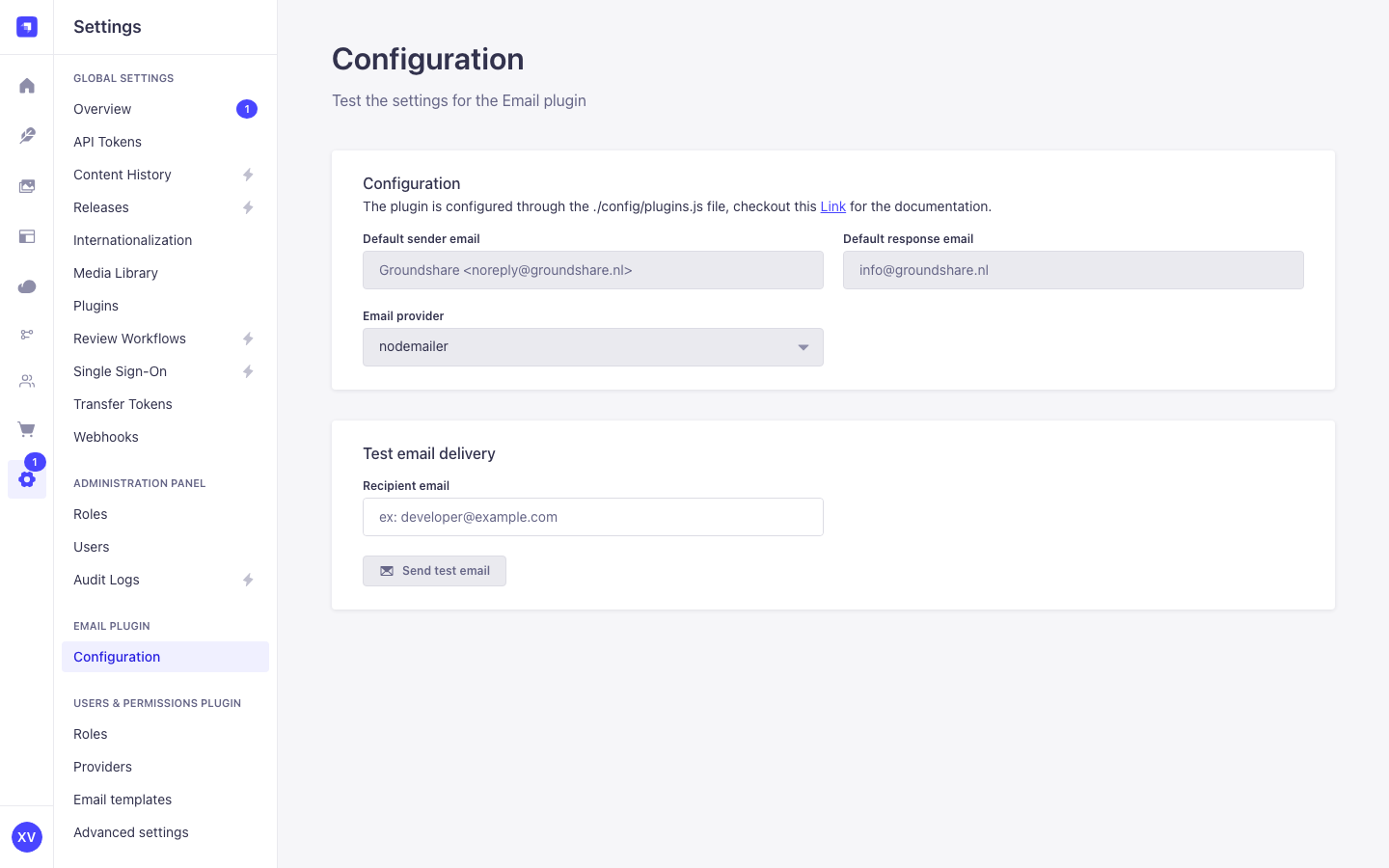 Strapi Settings — Email plugin configuratie en testmail