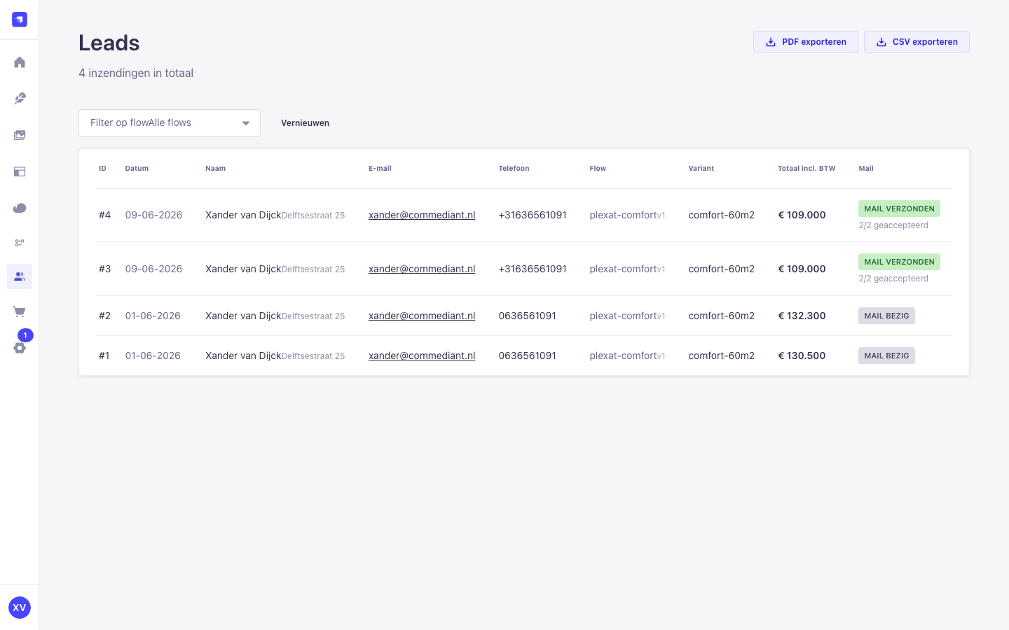 Leads-pagina — filter op flow geopend